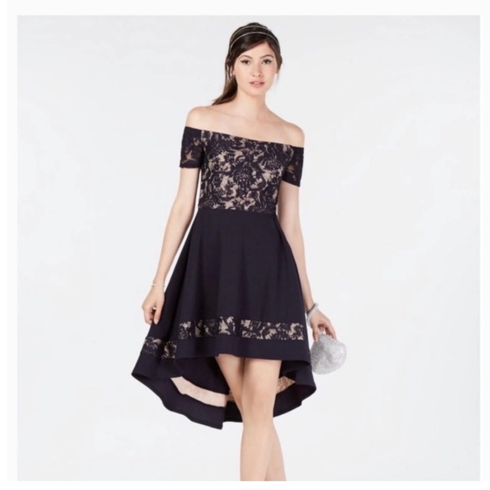 Jodi Kristopher Vintage Navy Floral Lace Off-the-Shoulder‎ High-Low Dress 1